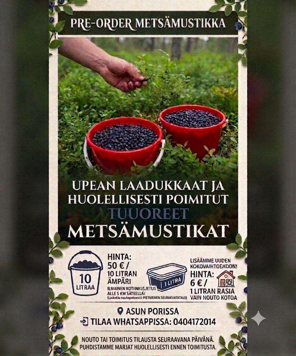 Pre-order: Tuoreita metsämustikoita Porissa.
